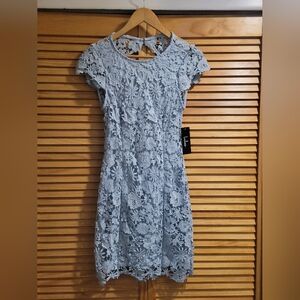 Lulu's Sky Blue Floral Lace Backless Dress
